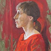 Norman Perceval Rockwell, Profile Bust Portrait of a young woman in a red shirt, oil on canvas