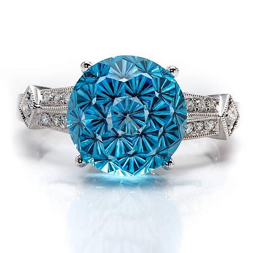 Ladies Contemporary Blue Topaz and Diamond Ring 