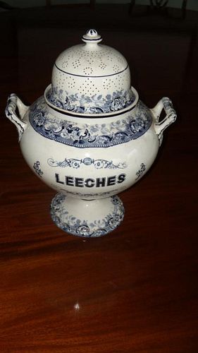 A 19th century blue and white pearlware 'Leeches' jar and pierced cover, the compressed spherical tw