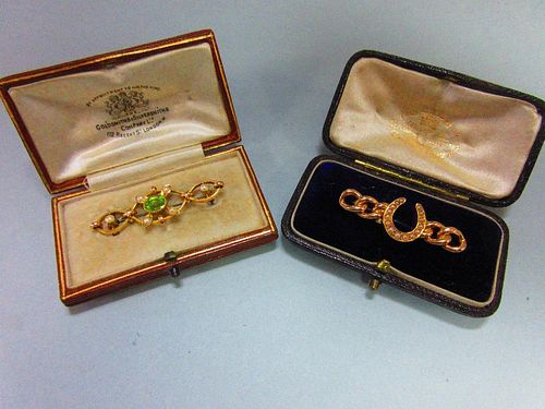 Two period seed pearl brooches both in gold tooled leather fitted cases by the Goldsmiths' & Silvers