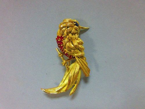 A ruby and sapphire bird brooch, the realistically modelled exotic bird with textured feathers, oval