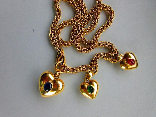 An Italian heavy fancy link necklace with three gemset heart-shaped pendants, each link formed by tw