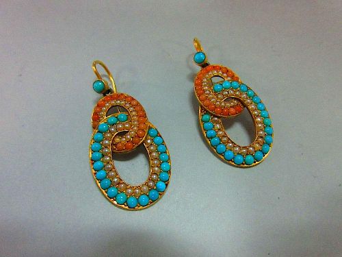 A pair of 19th century turquoise, coral and seed pearl earpendants, each hook faced by a round turqu