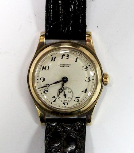 By Benson - a mid-sized 9ct gold cased wristwatch, (case Birmingham 1946), the white dial with black