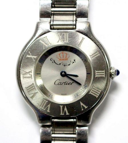 By Cartier - a gentleman's stainless steel 'Must de Cartier 21' quartz bracelet watch. The plain sil