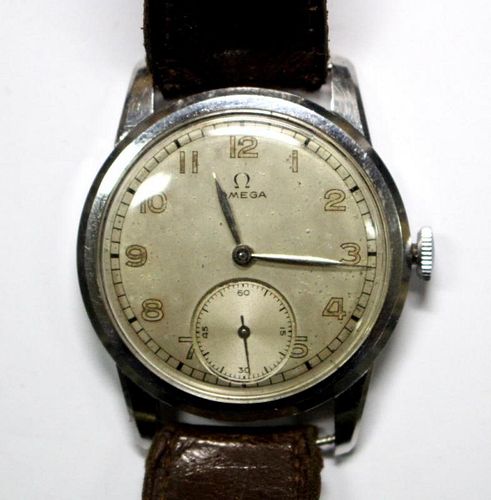By Omega - a gentleman's steel cased wristwatch, circa 1940's, silvered dial with painted Arabic num