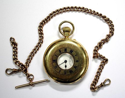 By Knight & Sons - an 18ct gold half hunter cased pocket watch, the white dial printed in black with
