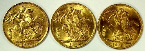 Three gold sovereigns - Edward VII, 1910 & George V, 1911 & 1913 (3) <br. <br>