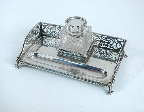 A late Victorian silver ink stand, by Charles Stuart Harris, London 1892, with pierced gadroon edged