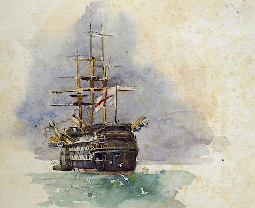 William Hawkesworth (British, 1853-1935) River landscape, 26 x 37cm; HMS Victory, 30 x 37cm; Harbour