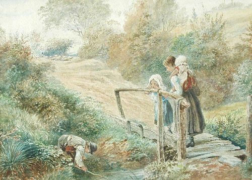 Myles Birket Foster (British, 1825-1899) Three small girls with a young boy fishing in a brook by a