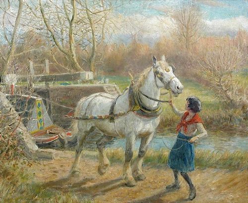 § Rowland Wheelwright, RBA (British, 1870-1955) A gypsy girl leading a canal horse on a towpath sign