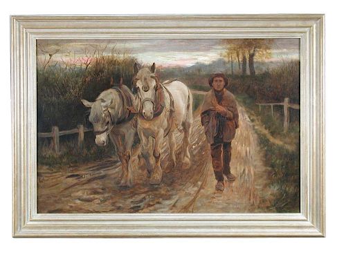 J Wheeler (British, 19th Century) Heavy horses and a horseman going home at the end of the day signe