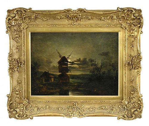 Manner of John Crome the Elder (British, 19th Century) View of a windmill in the moonlight oil on bo