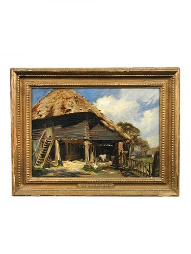 Frank Moss Bennett (British, 1874-1933) An Old Barn at Stoborough, near Wareham, Dorset oil on artis