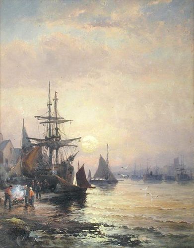 William Anslow Thornley (British, 1857-1898) Sailing ships in harbour at dawn and at sunset both sig
