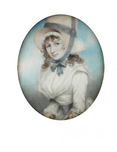 English School (18th Century) Portrait miniature of a Lady wearing a white dress and bonnet with a b