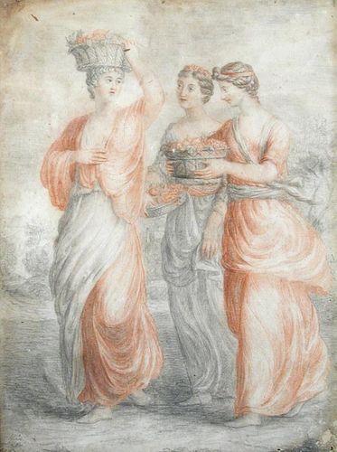 William Hoare, RA (British, 1707-1782) Three classical maidens carrying baskets of fruit signed and