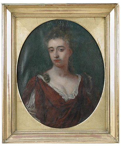 Circle of Sir Godfrey Kneller (British, 1646-1723) Portrait of a lady in a red dress with lace fichu