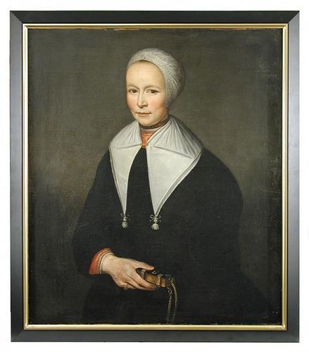 Lucas van de Kaey (Dutch, c.1645-1672) Portrait of a lady, half length, in black with a white cap an
