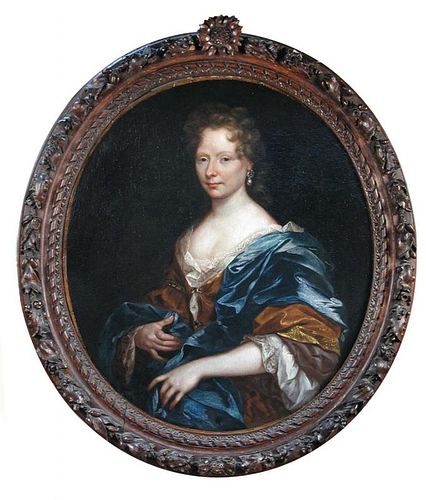 Circle of William Wissing (Dutch, 1656-1687) Portrait of a lady in a gold dress and blue cloak, with