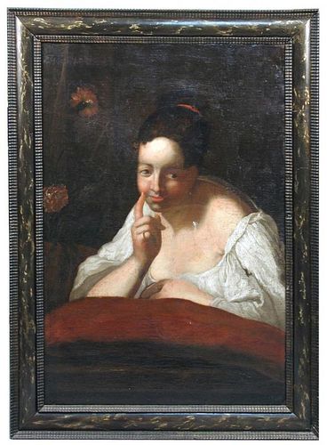 Follower of Jean Raoux (French, 1677-1734) Portrait of a young girl in a white chemise leaning on a