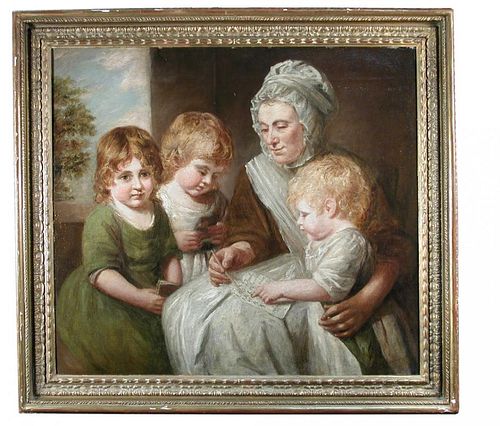 Follower of Sir Joshua Reynolds (British, 1723-1792) Children with their nursemaid inscribed on a ps