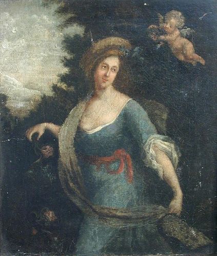 Continental School (circa 1800) A classical maiden with a putto flying over her oil on canvas, in a