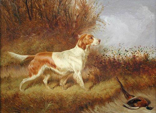 Colin Graeme Roe (British, 1857–1910) A red and white setter with a dead pheasant in a landscape sig