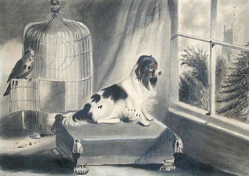 English School (19th Century) A Cavalier King Charles Spaniel on a cushion, with a parrot alongside,