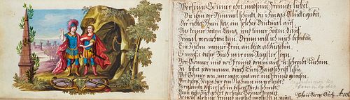  Stammbuch von Johann Georg Gross. Mit 25 prachtvollen Originalzeichnungen, handkolorierten Kupferstichen und Stickereien. Nürnberg, um 1756. Quer-8°.