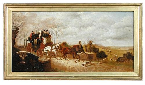 Circle of Henry Alken (British, 1785-1851) Hounds crossing a lane in full flight in front of a Coach