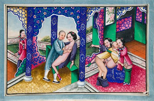  Sammlung von 12 farbprächtigen Tsuso-Malereien mit erotischen Szenen. 19. Jh. Je Gouache auf Markpapier, teils in Weiß und Goldfarbe gehöht. Format j