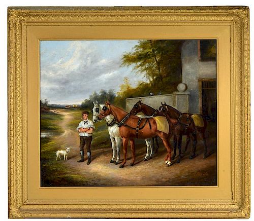 James Clark and Son (British, 1858-1943) A groom with four carriage horses and a terrier outside a s