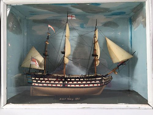 HMS Victory 1765', a cased model of the battleship, only the stern mast with furled plastic sails, t