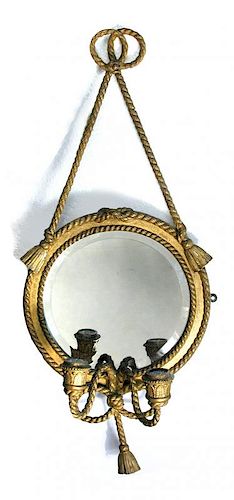 A pair of 19th century mirror back wall sconces, each with rope twist border and mounts, the twin br