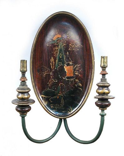 A set of four 1920's Chinoiserie wall lights, the oval mahogany back plates lacquered with Chinese p