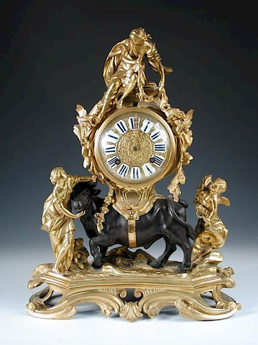 A French 18th/19th century ormolu and bronze mantel clock modelled as Europa and the Bull, quarter s