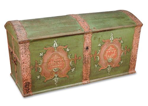 An 18th century Continental painted dowry chest, the domed top with metal bands and cartouche depict