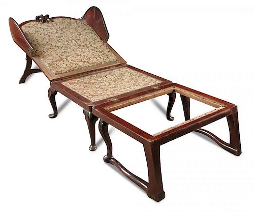 A George II mahogany Anglo-Dutch chair bed, the arched wing back with leaf carved cresting, the back