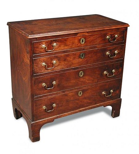A George III mahogany chest of drawers, four long drawers, crossbanded top and sides, brass swan nec