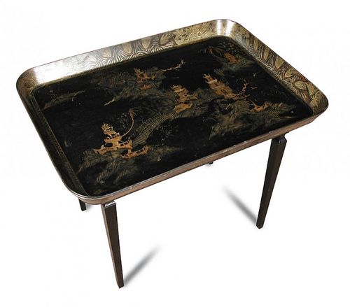 A Regency black lacquer galleried tea tray on a modern stand, decorated in gilt with Chinoiseries 59