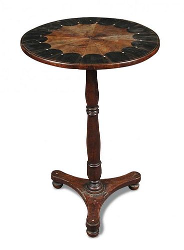 A late Regency coromandel wood pedestal occasional table, with radiating specimen wood inlaid circul