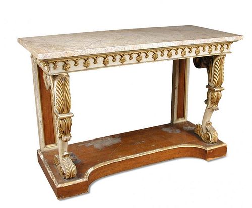 An early 19th century parcel gilt and marble console table, a veined marble top on an ivory painted