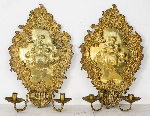 Baroque Revival Armorial Brass Candle Sconces, Pr