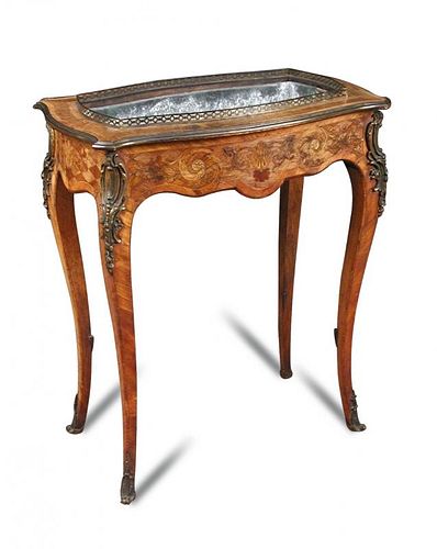A Louis XV style jardiniere, bearing Edwards & Roberts retail label, marquetry inlaid with brass gal