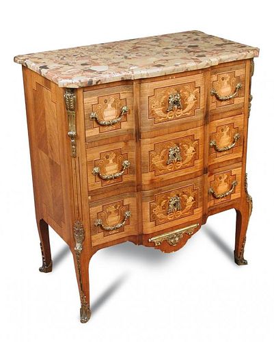 A late 19th century Transitional style breche d'alep and satinwood commode, stamped Edwards & Robert