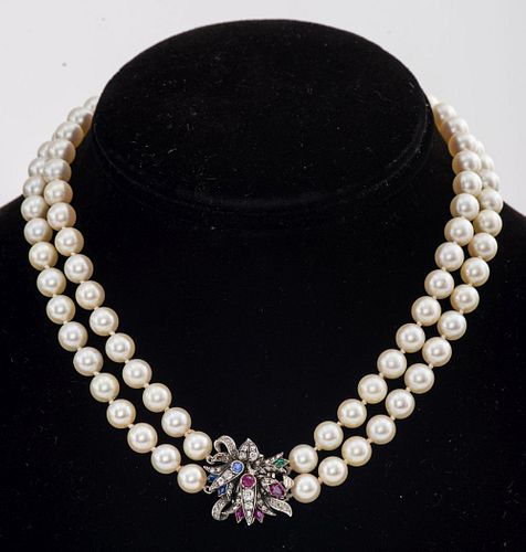 PLAT/14K Gold Diamond Colored Stone Pearl Necklace