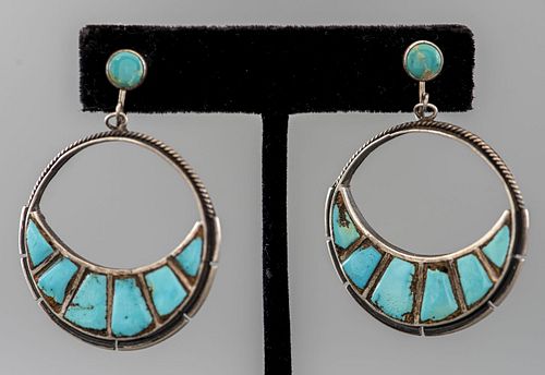 Taxco Mexican Silver Turquoise Inlay Drop Earrings