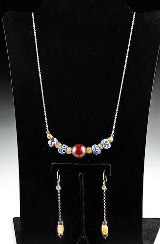 Roman Glass / Agate Bead Necklace + Earrings